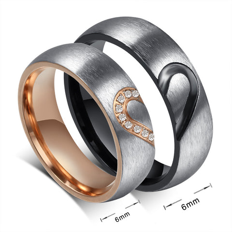 Silver Rhinestones Love Heart Couple Rings